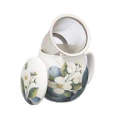 Tea mug with lid and stainless steel infuser, 0,35 lt, White Flowers